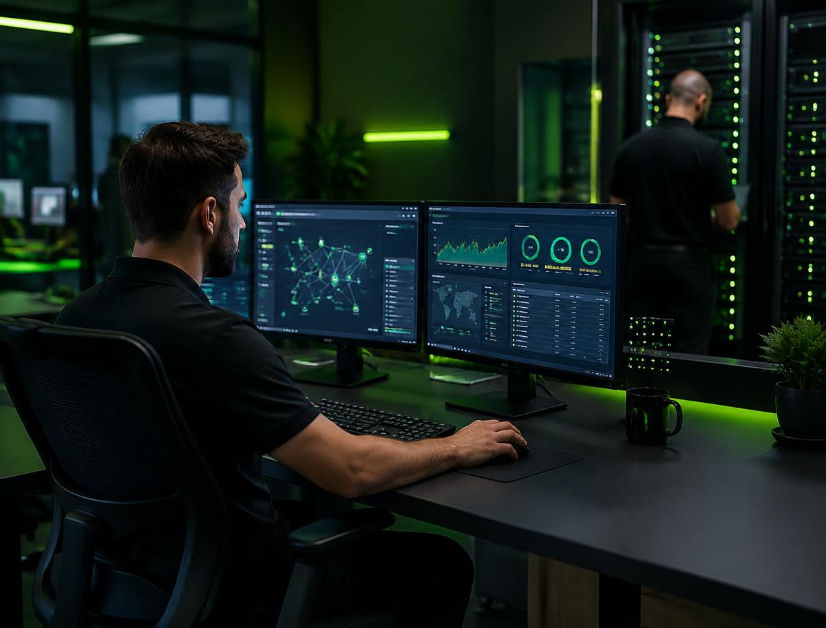 Equipe de TI monitorando infraestrutura em data center